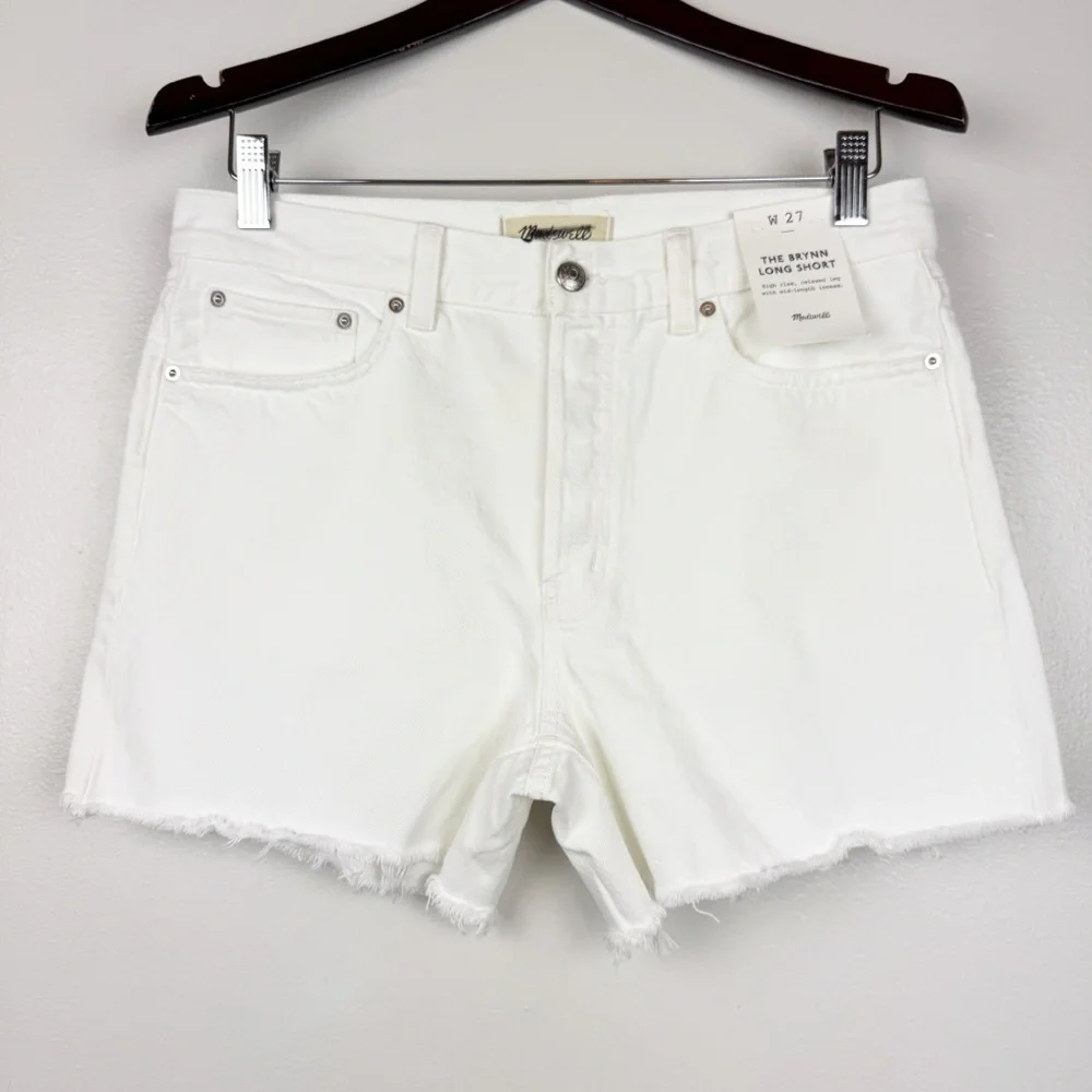 Madewell Brynn Long Shorts High Rise Raw Hem Button Fly White Size 27 NWT